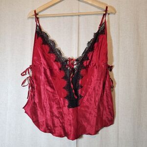 Harriett Red 100% Silk Top Black Eyelash Lace Side Ties Womens XL Sexy Valentine